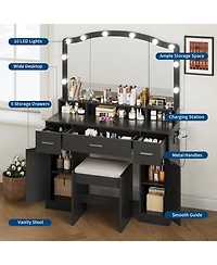 Homfan Vanity Makeup Desk with Adjustable Led Mirror, 3 Drawers and 2 Cabinets, Stool and Charging Station, Dressing Table for Women