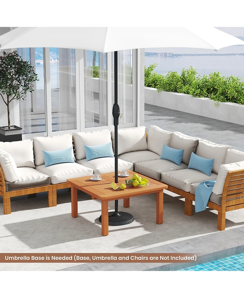 Gymax Patio Coffee Table with Umbrella Hole Slatted Tabletop and Teak Oil Finish