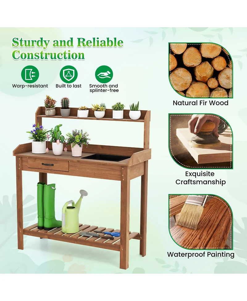 Sugift Outdoor Wooden Garden Work Table with Storage Shelves
