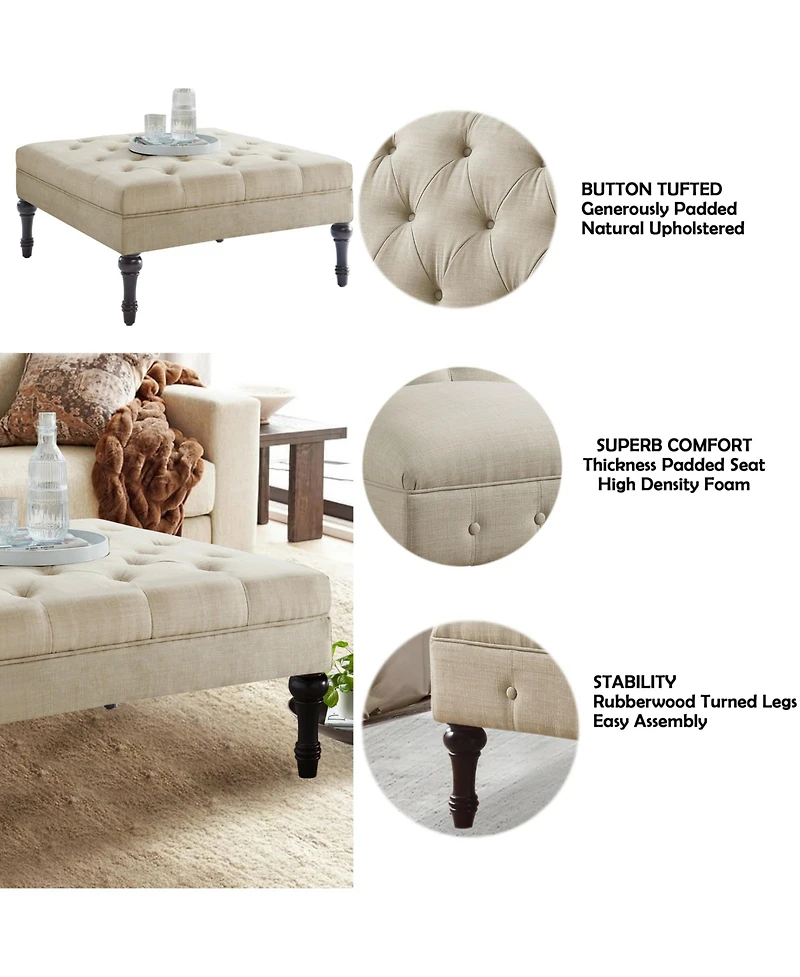 Boyel Living Classic Button-Tufted Linen Ottoman with Wooden Legs, Multi-Functional Footrest
