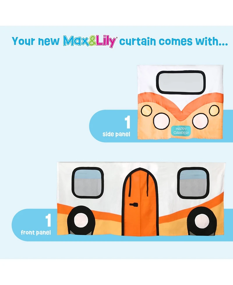 Max & Lily Low Twin over Twin Bunk With Stairs, Easy Slide and Orange Camper Van Curtain