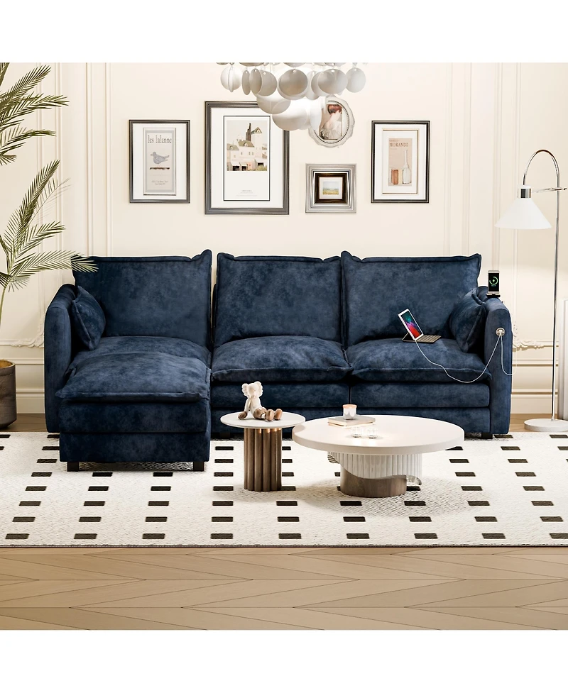 Dyhome Modular Sectional Sofa L Shaped Couch, 3 Seat Sofa Set with Ottoman and Pillows, Chenille Fabric