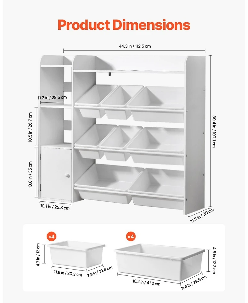 Gouun 4-Tier Kids Toy Organizer with 8 Bins, Bookshelf and Cabinet, 44.3 x 39.4 inches
