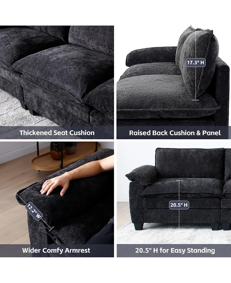 Rainsken 3-Seater L-Shaped Chenille Sectional Sofa with Ottoman with Removable Washable Covers and Sturdy Solid Wood Frame for Living Room Use