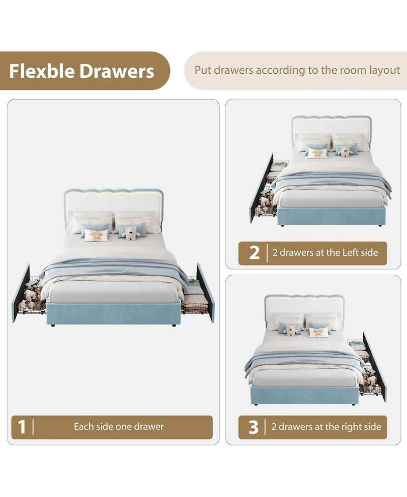 gaomon velvet Led bed frame with storage drawers, adjustable headboard, princess-style frame