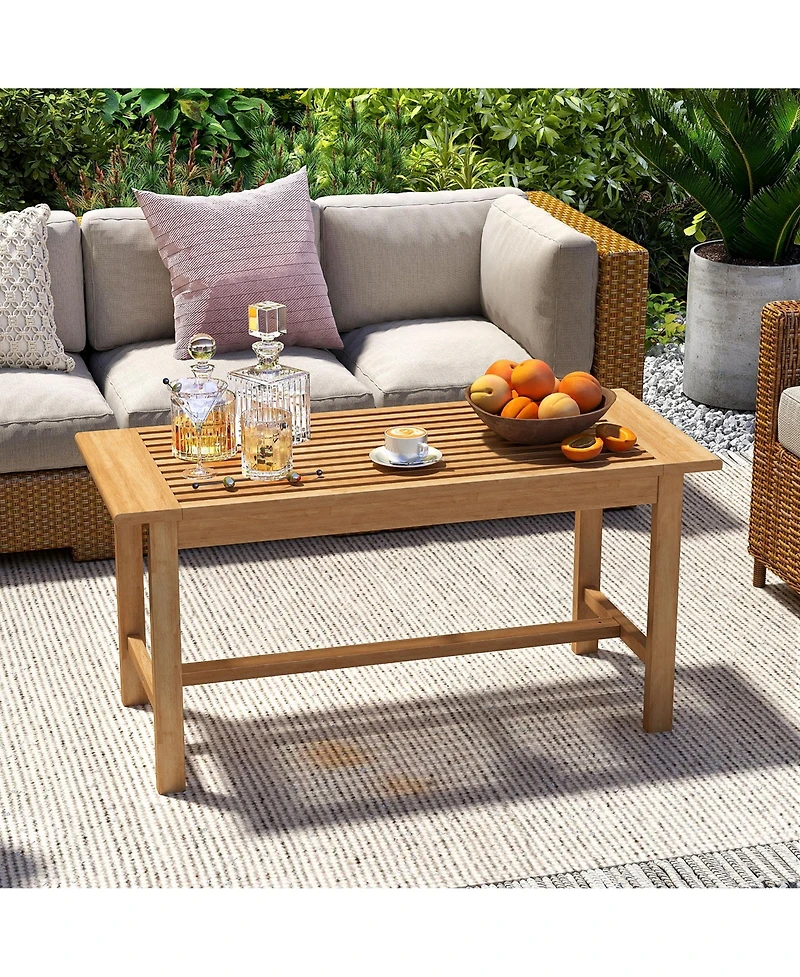 Gymax 36''Patio Coffee Table Solid Wood Coffee Table w/ Slatted Tabletop