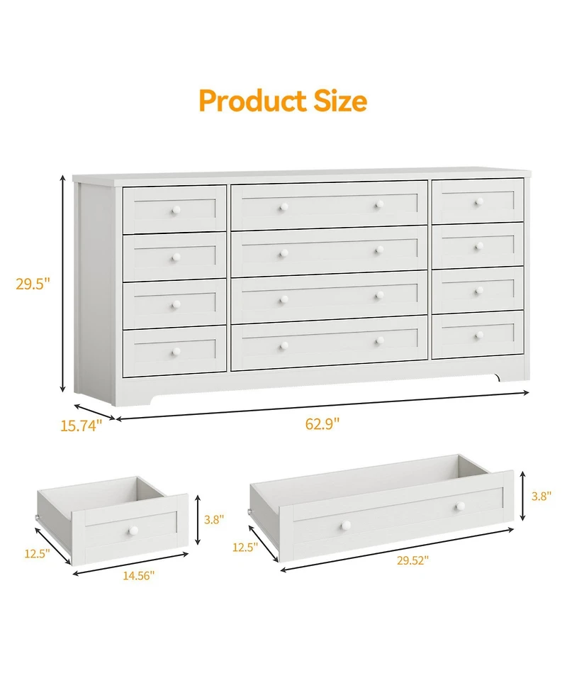gaomon 12 Drawer Dresser, 63" Wide Wood Chest of Drawers Storage Cabinet.