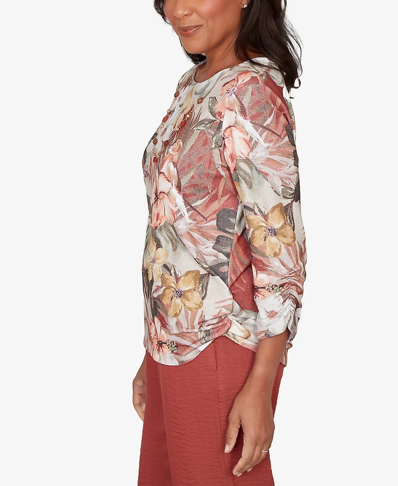 Alfred Dunner Petite Spice Market Dramatic Floral T-Shirt with Necklace