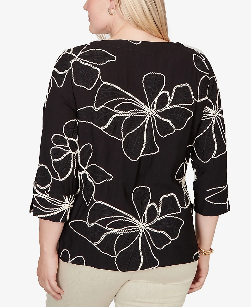 Alfred Dunner Petite Detail Driven Flower Soutache Three-Quarter-Sleeve Top