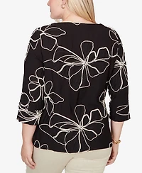 Alfred Dunner Petite Detail Driven Flower Soutache Three-Quarter-Sleeve Top