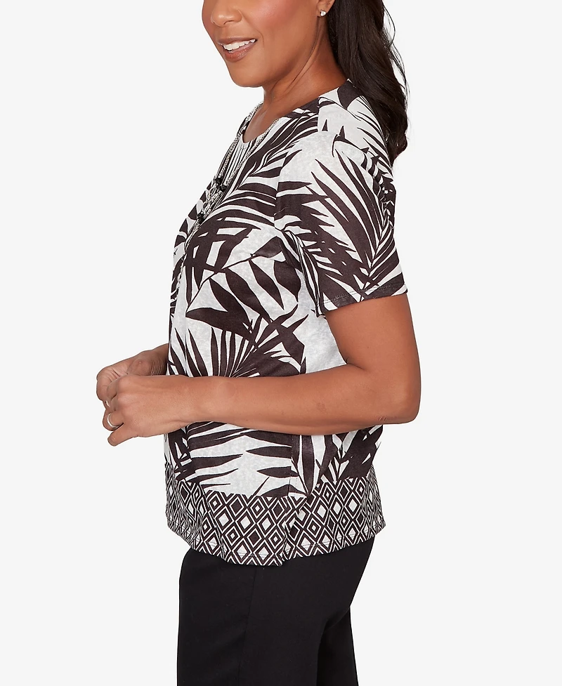Alfred Dunner Petite Detail Driven Tropical Diamond Border Crewneck T-Shirt with Necklace