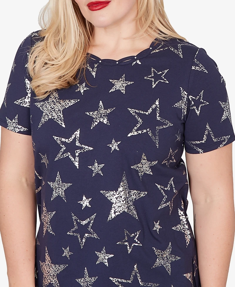 Alfred Dunner Petite Lady Liberty Sparkling Foil Stars Short-Sleeve T-Shirt