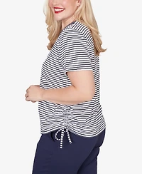 Alfred Dunner Petite Lady Liberty Embroidered Neck Striped Side-Tie Top