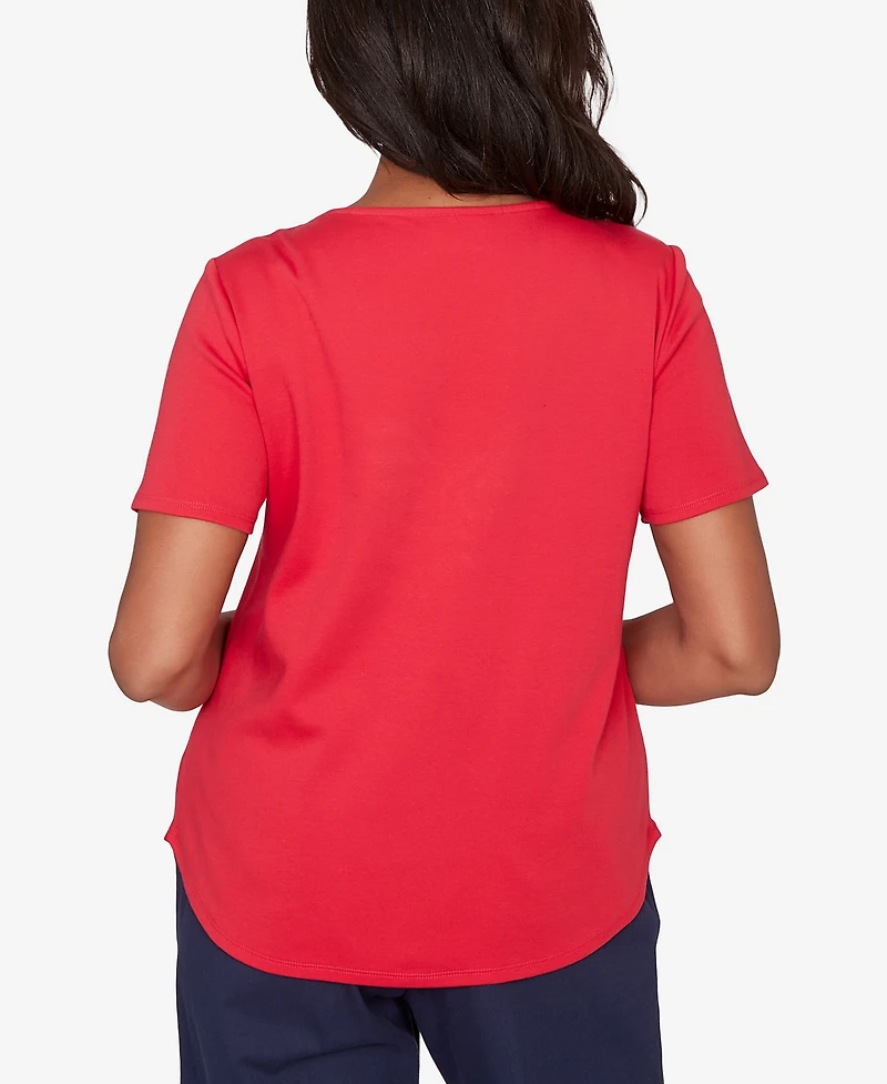 Alfred Dunner Petite Lady Liberty Sparkling Americana Butterfly Crewneck T-Shirt