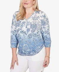 Alfred Dunner Petite Out of the Blue Ombre Batik Floral Henley Top