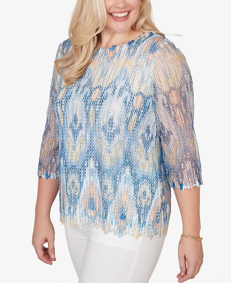 Alfred Dunner Petite Out of the Blue Dramatic Ikat Scallop Trim Crewneck Top