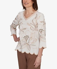 Alfred Dunner Petite Spice Market Embroidered Floral V-Neck Textured Top