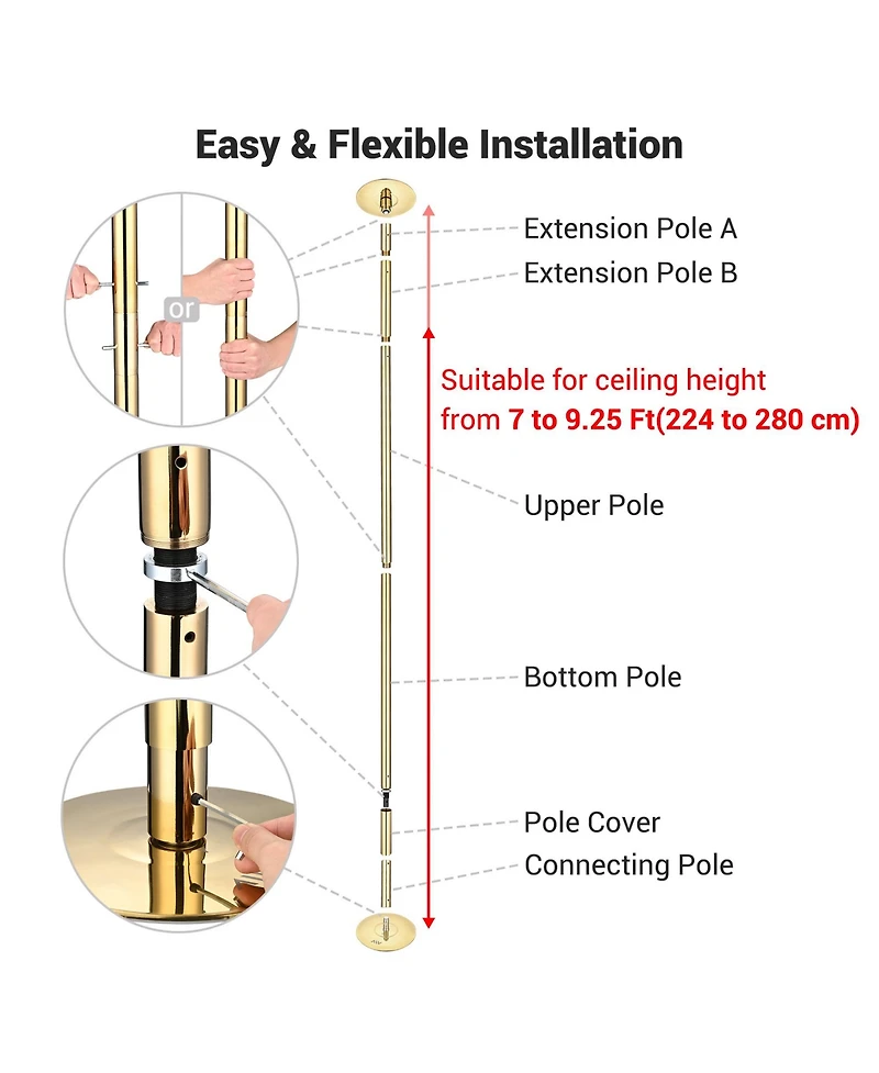 Yescom 3 Pack 9.25 Ft Spinning Static Dancing Pole Kit for Fitness Studio Club Gold