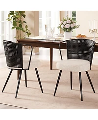 Sailvan Rattan Dining Chairs Farmhouse Upholstered Cane Back Kitchen Chair with Boucle Cushion, Metal Legs and Wingback