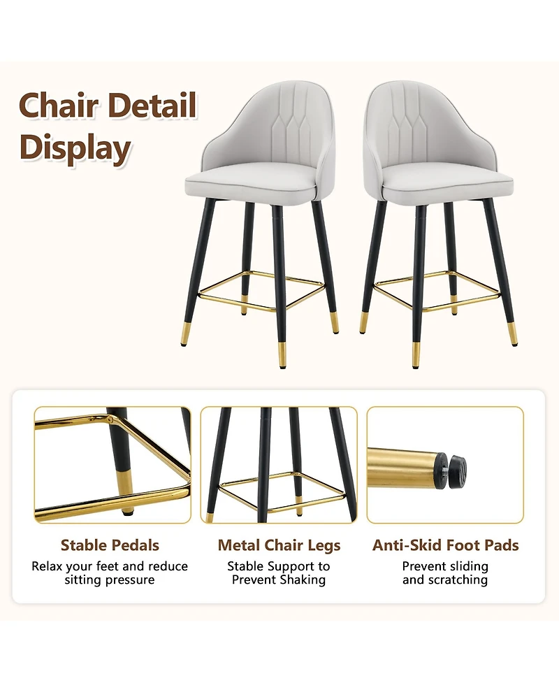Rainsken Pu Leather Bar Stools Set of 2, Modern Counter Height Chairs with Ergonomic Backrest and Metal Footrest for Home Pub