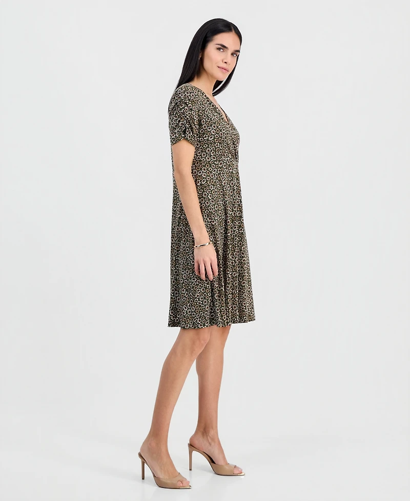 Connected Petite Ruched-Sleeve Crossover-Neck Dress