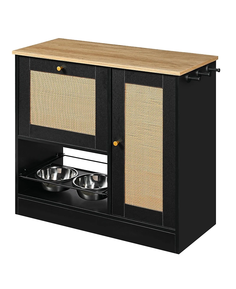 Aostirmotor Pet Feeding Station with 2 Lockers and Elevated Dog Bowls, Side Hooks, Anti-Tipping, Hidden Storage