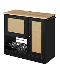 Aostirmotor Pet Feeding Station with 2 Lockers and Elevated Dog Bowls, Side Hooks, Anti-Tipping, Hidden Storage