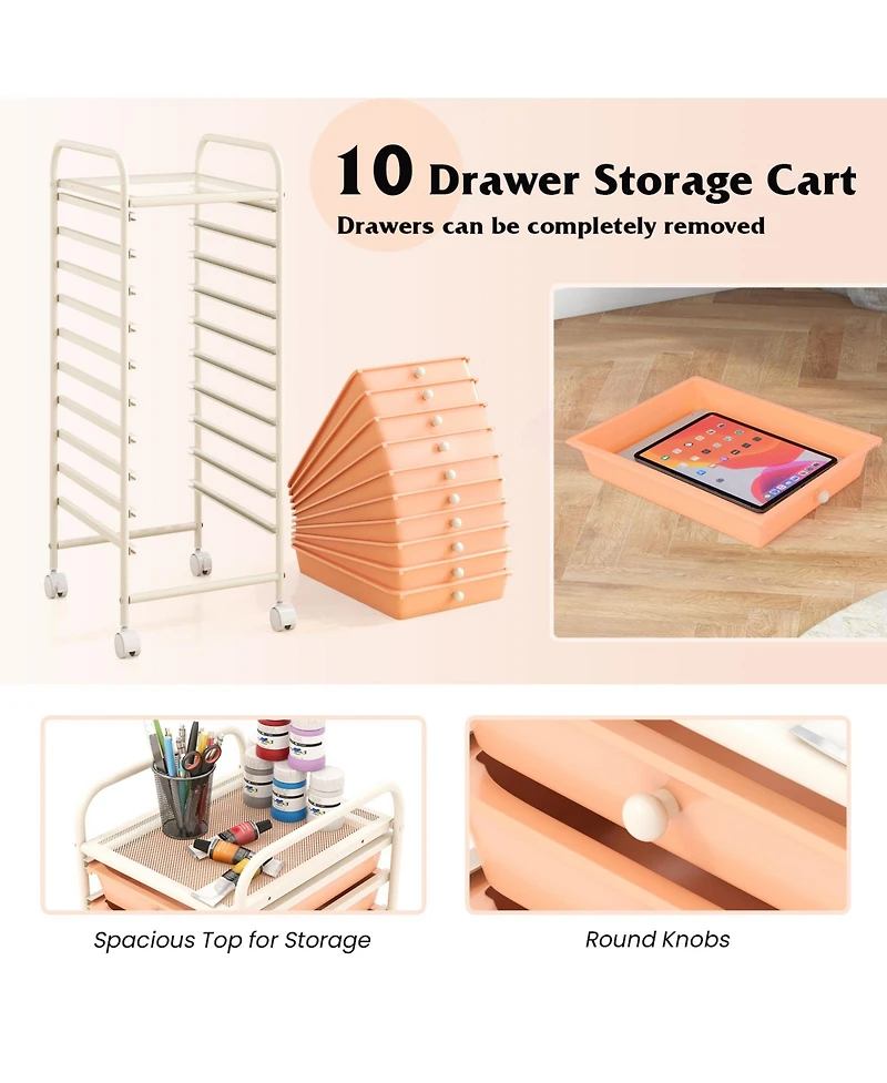 Sugift 10 Drawer Rolling Storage Cart Organizer with 4 Universal Casters-Cherry