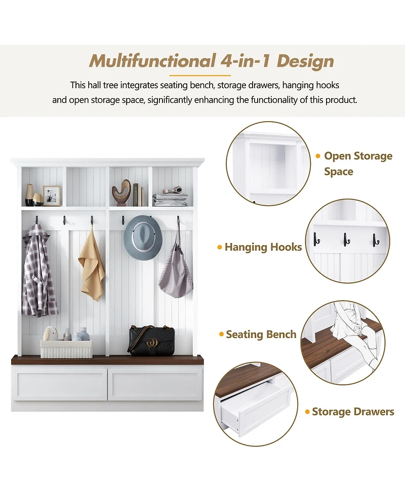 Rainsken Farmhouse Hall Tree, Multi-Purpose Coat Rack with Wood Grain Bench, 6 Hanging Hooks and 2 Storage Drawers for Hallway and Entryway