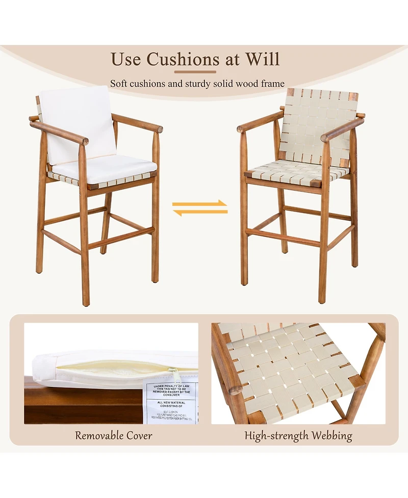 Rainsken Outdoor Bar Stools Set of 2, Modern Acacia Wooden Counter Height Chairs with Webbing Seat for Patio, Pool and Garden, Cushions Included