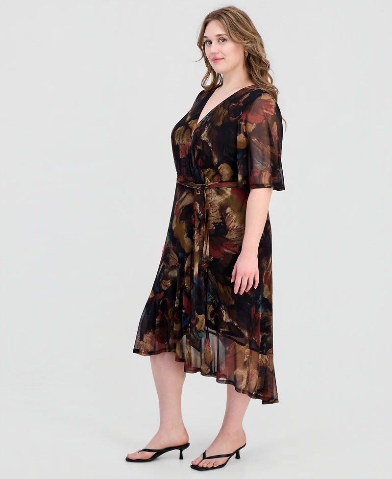 Connected Plus Printed Flutter-Sleeve Faux-Wrap Midi Dress