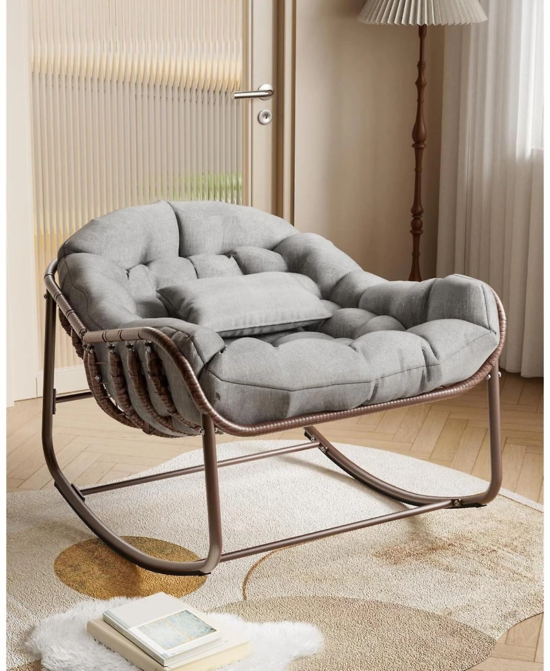gaomon Outdoor Papasan Rocking Chair, Oversized Wicker Lounge Chair with Cushion and Metal Frame, Patio Rattan Egg Rocker for Balcony Backyard Porch