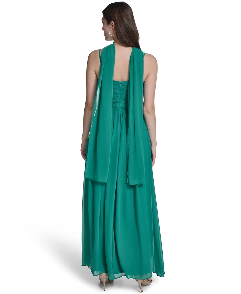 Eliza J Women's Spaghetti Strap With Skirt Slit And Neck Sash Gown