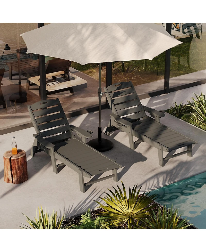 Homfan Durable Hdpe Folding Chaise Lounge 2-Pack - 5 Position Adjustable with Cup Holder and Wheels - Weather-Resistant for Deck, Poolside, Garden