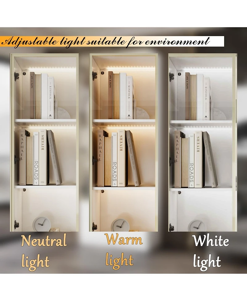 Homsee Display Cabinet with 2 Glass Doors and Lights, 4-Tier Storage Shelves and 2 Drawers