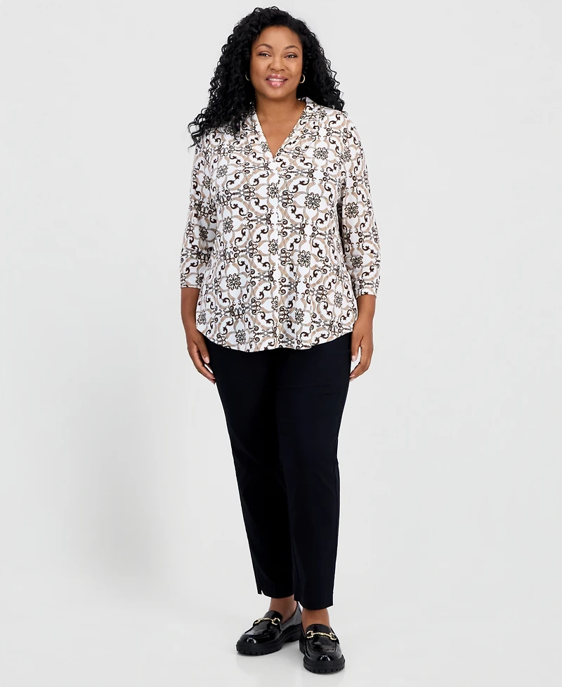 Jm Collection Plus Pleated-Neck 3/4-Sleeve Top, Macy's Exclusive