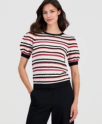 T Tahari Women's Striped Puff-Sleeve Pointelle-Knit Top