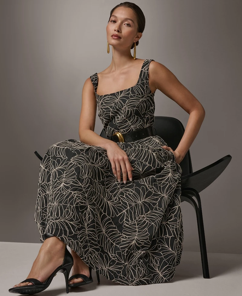 Donna Karan New York Women's Square Neck A-Line Midi Dress with Polyurethane Belt