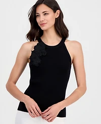 T Tahari Women's Round-Neck Floral-Applique Rib-Knit Top