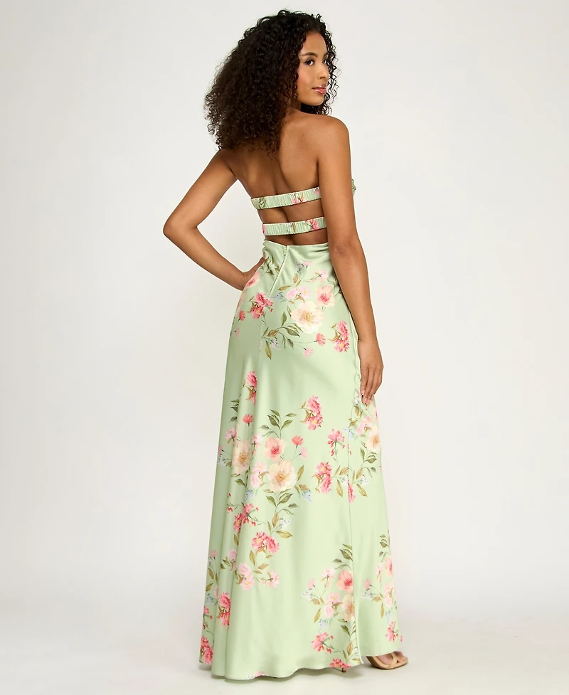 B Darlin Juniors' Floral Print Strapless Gown