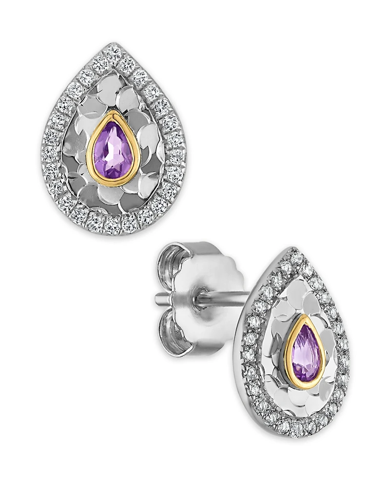 Macy's Swiss Blue Topaz (1/10 ct. t.w.) & White (1/8 Glitter Texture Earrings 14k Two-Tone Gold (Also Available Amethyst)