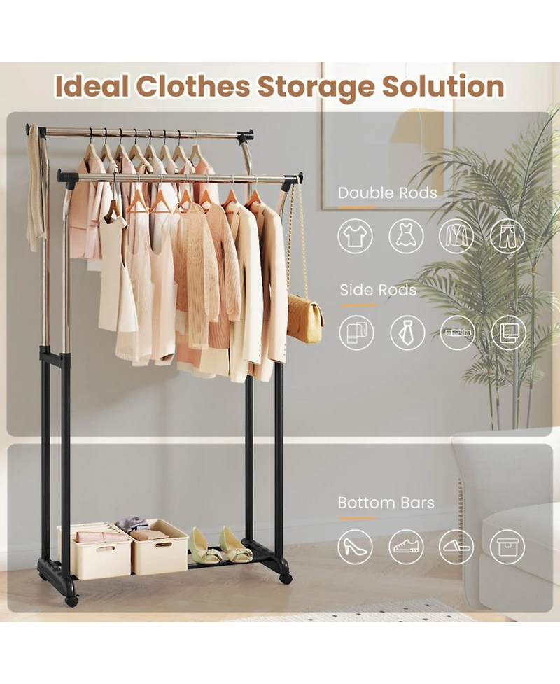 Gouun Double Rod Rolling Garment Rack with Adjustable Height from 42 to 69 in