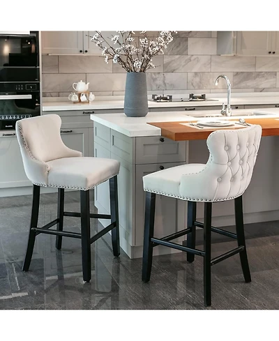 Rainsken Velvet Wingback Bar Stools Set of 2, Counter Height Chairs with Solid Wood Legs, Button Tufted and Nailhead Trim for Kitchen Island