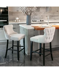 Rainsken Velvet Wingback Bar Stools Set of 2, Counter Height Chairs with Solid Wood Legs, Button Tufted and Nailhead Trim for Kitchen Island