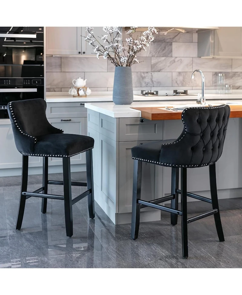Rainsken Velvet Wingback Bar Stools Set of 2, Counter Height Chairs with Solid Wood Legs, Button Tufted and Nailhead Trim for Kitchen Island