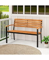 Sugift Acacia Wood Patio Bench Loveseat with Backrest and Armrests