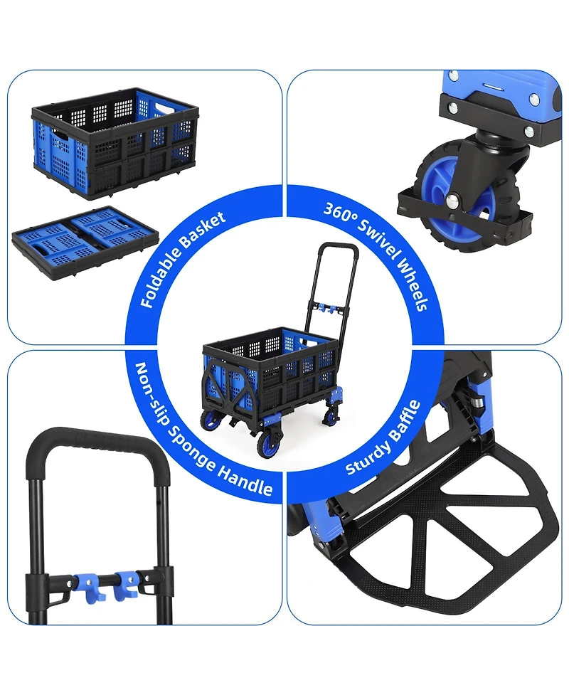 Homfan 2-in-1 Folding Hand Truck and Platform Cart w/ 330 lb Capacity, Convertible Dolly with Foldable Basket and Bungee Cords, Portable Luggage Cart