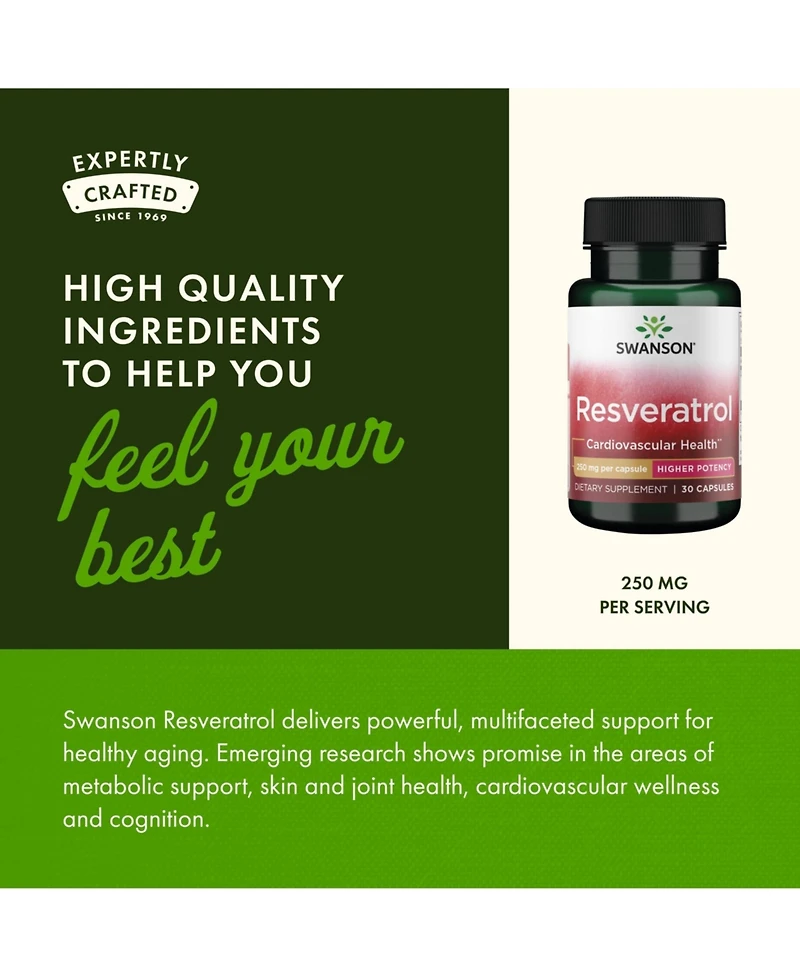 Swanson Resveratrol Higher Potency 250 Milligrams 30 Capsules(1 Pack)