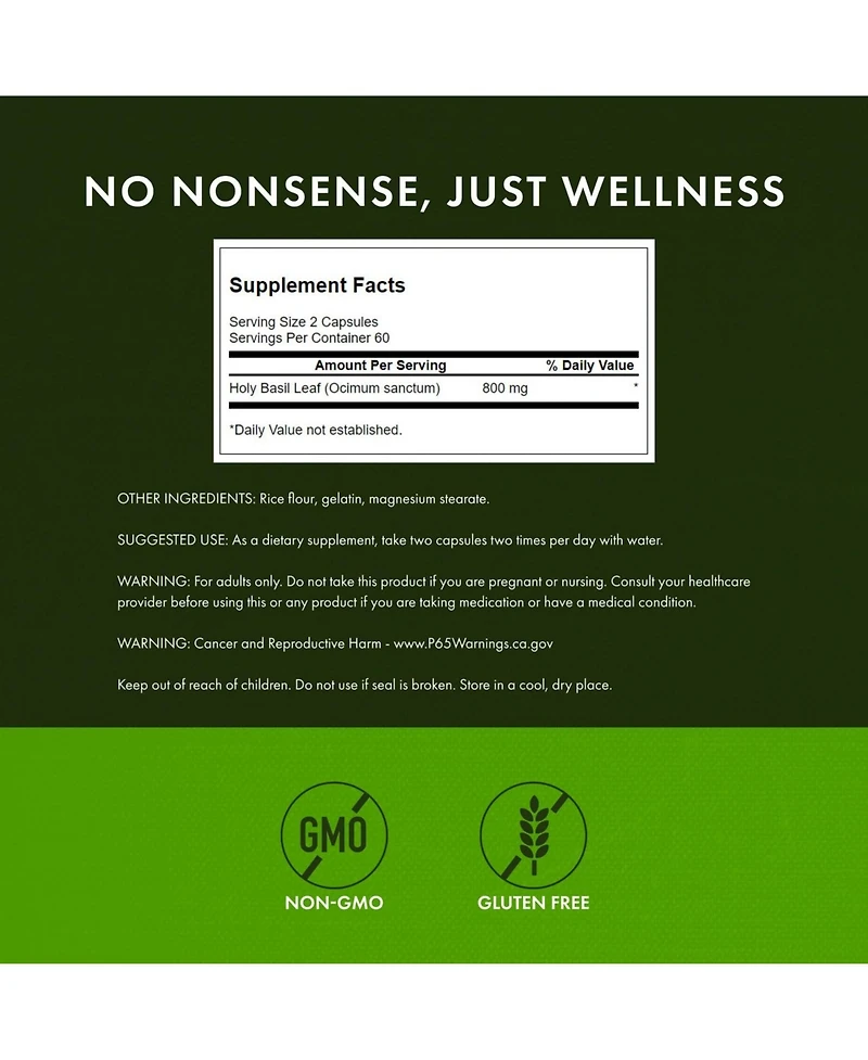 Swanson Holy Basil Leaf (Tulsi) Stress Support and WellBeing Supplement (120 Capsules, 800mg Per Serving)