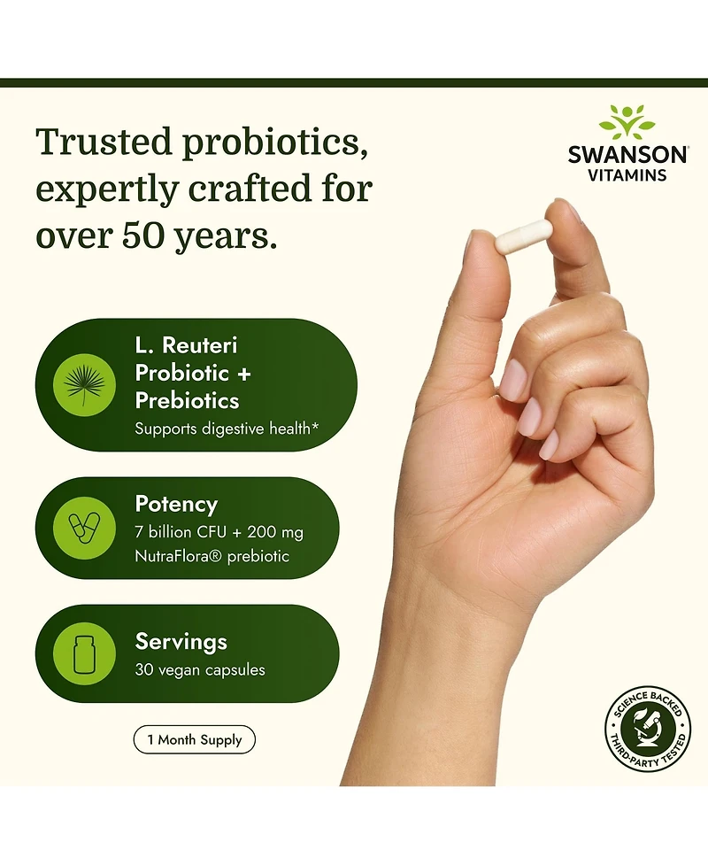 Swanson L. Reuteri Probiotic Plus With L. Rhamnosus, L. Acidophilus and Fos, Digestive and Gut Health, 7 Billion Cfu, 30 Veggie Capsules